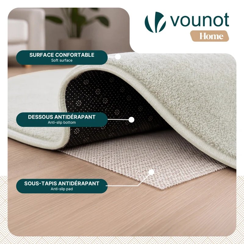 Tapis de salon poils ras doux antiderapant 160x230cm uni crème