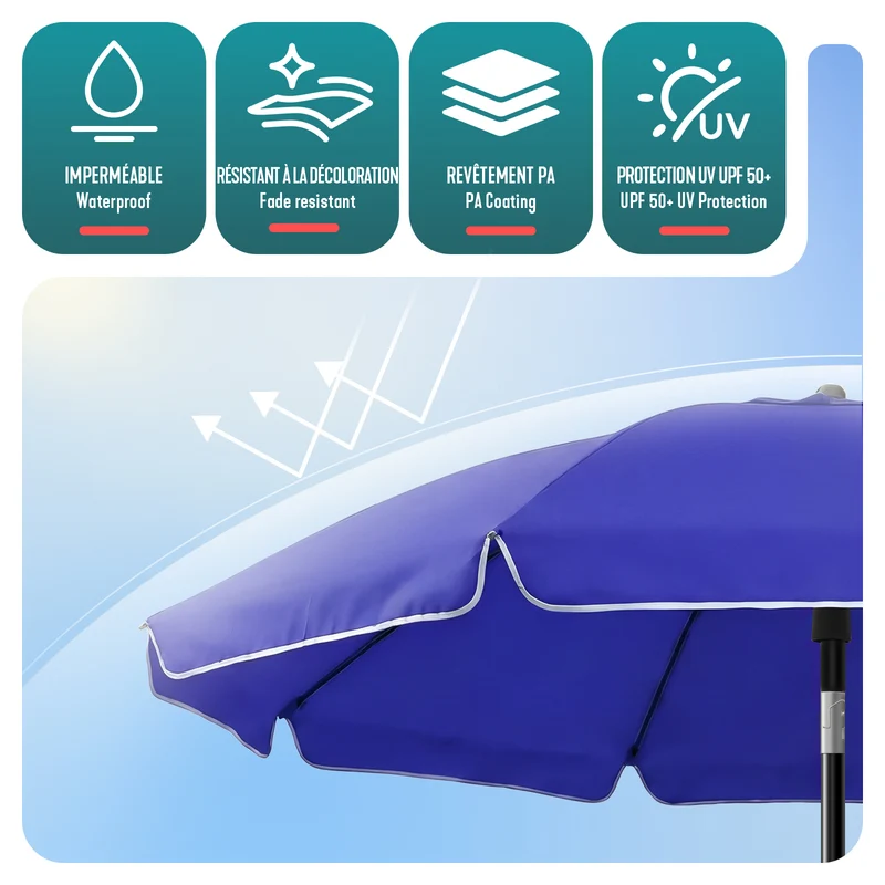 Parasol de jardin 2m avec ancrage sol et sac de transport Bleu
