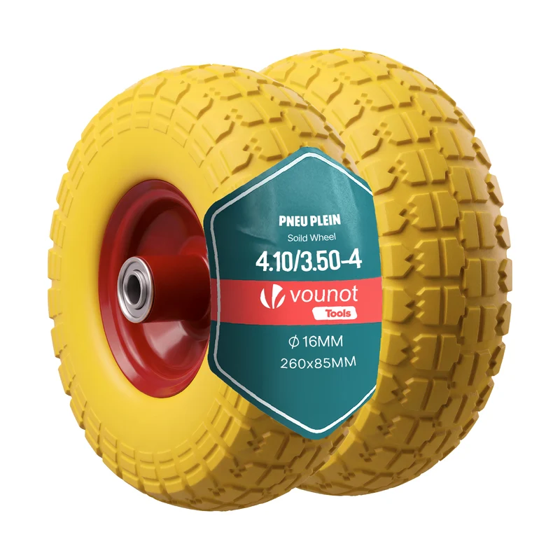 Lot de 2 Roue increvable 3.50-4 en PU pour brouette diable alesage 16mm 260x85mm Jaune