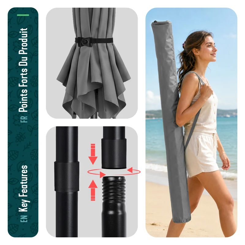 Parasol de jardin inclinable avec aeration et sac bandouliere 270cm gris