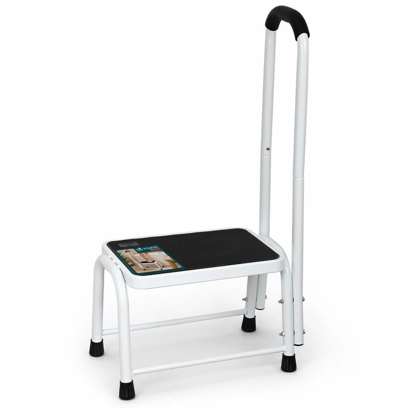 Marche pied en acier avec barre d’appui plateforme antiderapante 38x26cm blanc