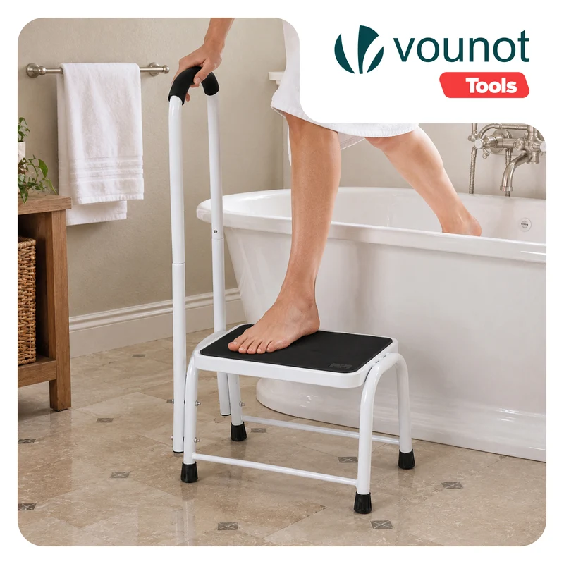 Marche pied en acier avec barre d’appui plateforme antiderapante 38x26cm blanc