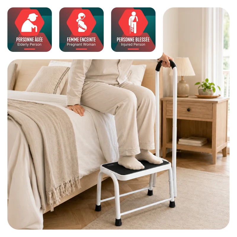 Marche pied en acier avec barre d’appui plateforme antiderapante 38x26cm blanc