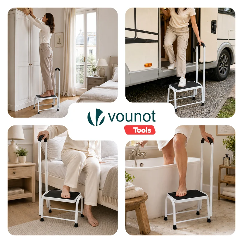 Marche pied en acier avec barre d’appui plateforme antiderapante 38x26cm blanc