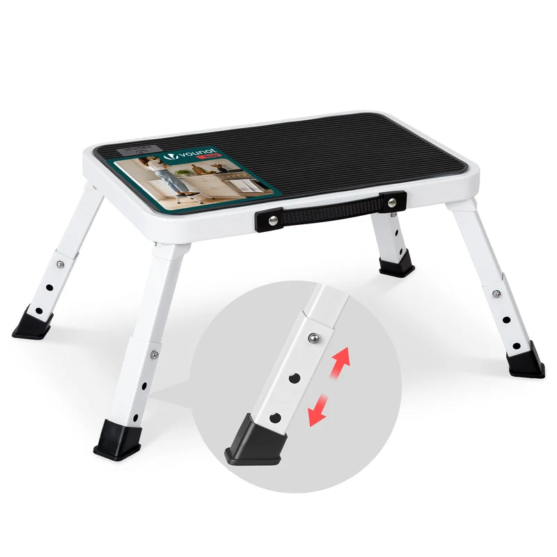 Marche pied pliable en acier portable 3 hauteurs reglables plateforme antiderapante 38x26cm blanc
