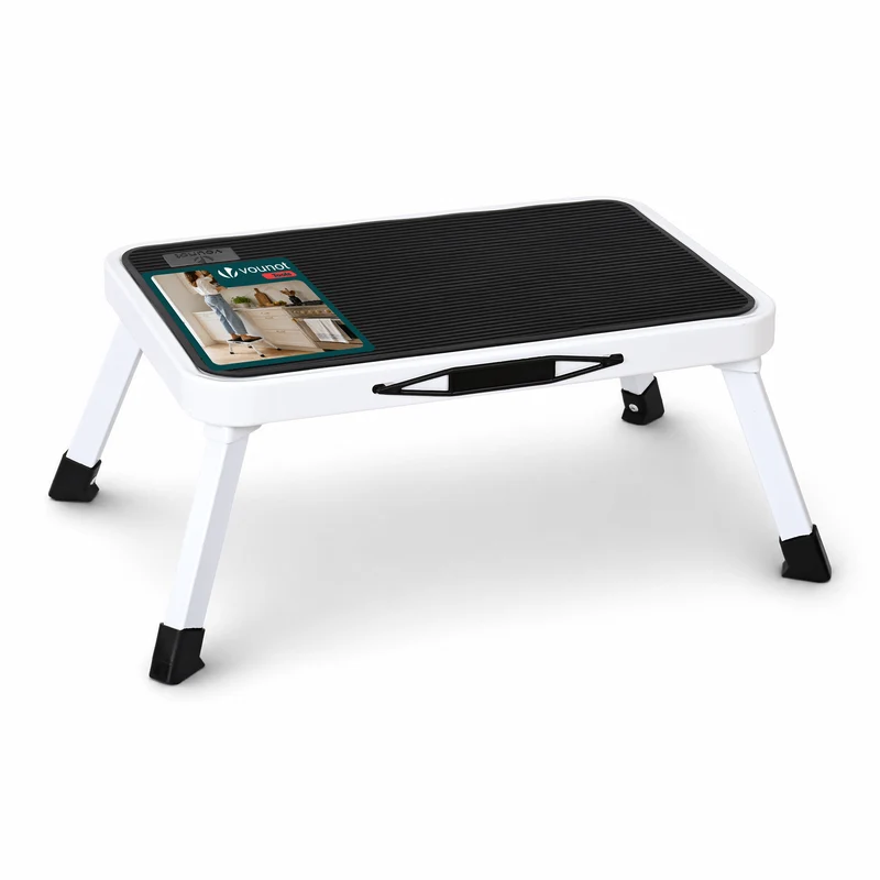 Marche pied pliable en acier portable plateforme antiderapante 38x26cm blanc