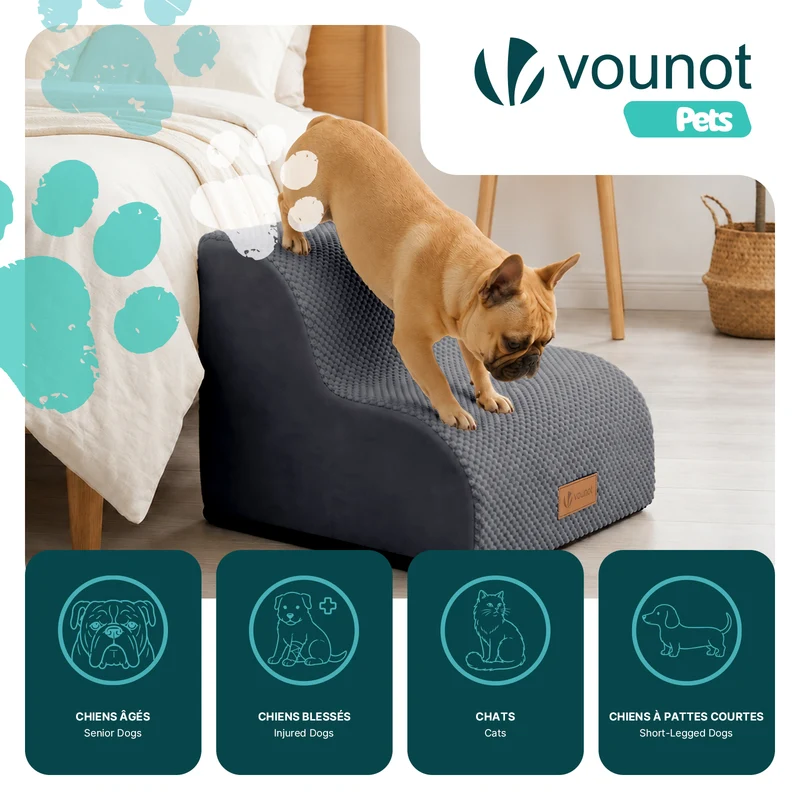 Escalier pour chien et chat en mousse haute densite et housse lavable 40x40x30cm gris