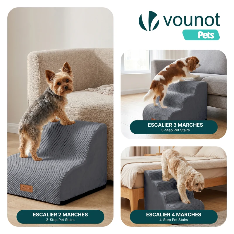 Escalier pour chien et chat en mousse haute densite et housse lavable 40x40x30cm gris