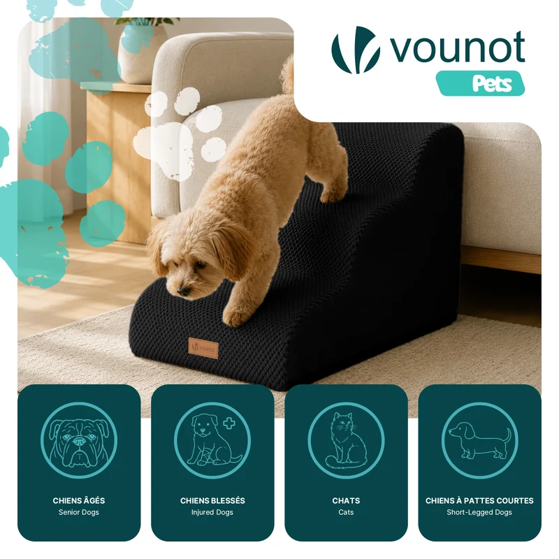 Escalier pour chien et chat en mousse haute densite et housse lavable 57x40x40cm noir
