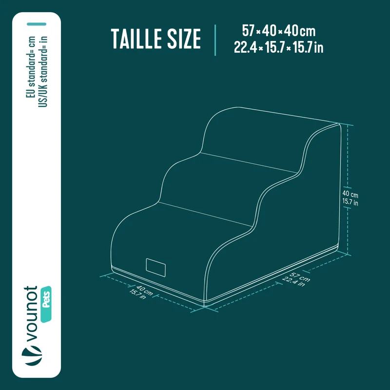Escalier pour chien et chat en mousse haute densite et housse lavable 57x40x40cm gris