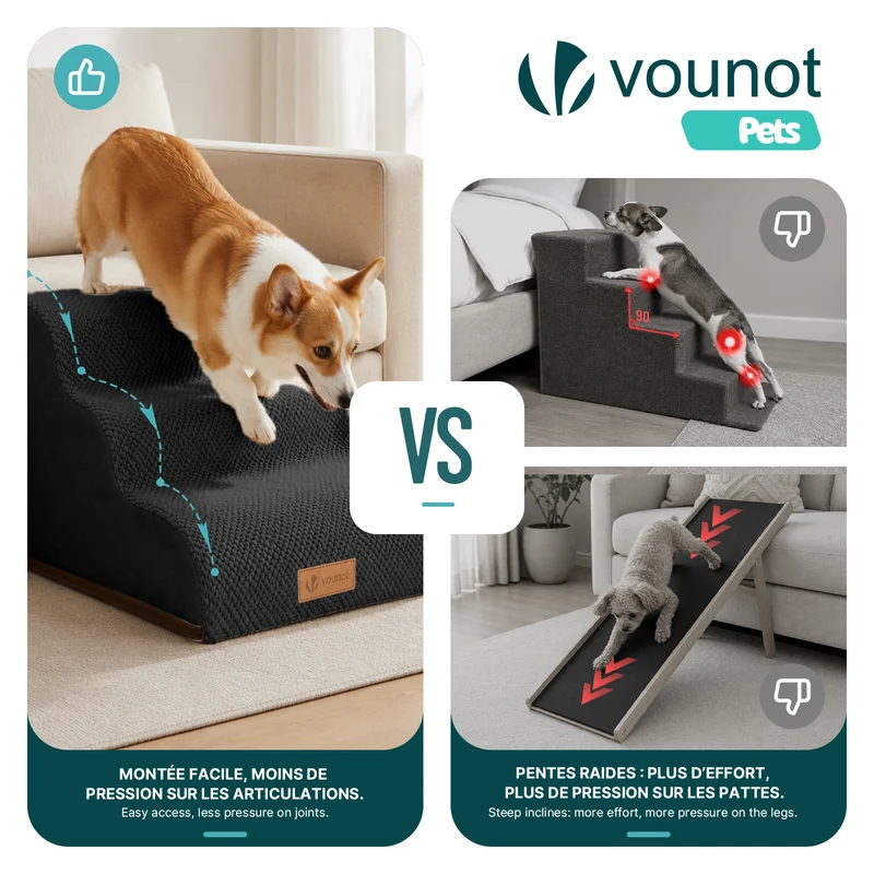 Escalier pour chien et chat en mousse haute densite et housse lavable 57x40x40cm noir