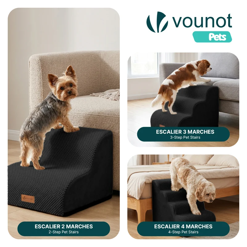 Escalier pour chien et chat en mousse haute densite et housse lavable 57x40x40cm noir