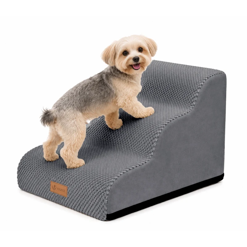 Escalier pour chien et chat en mousse haute densite et housse lavable 57x40x40cm gris