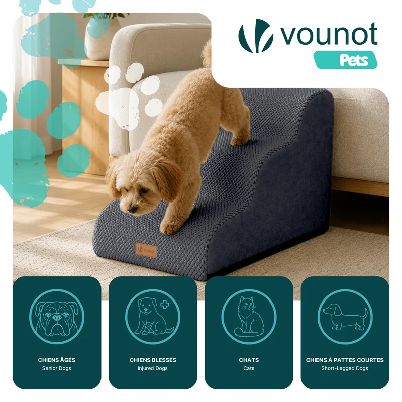 Escalier pour chien et chat en mousse haute densite et housse lavable 57x40x40cm gris