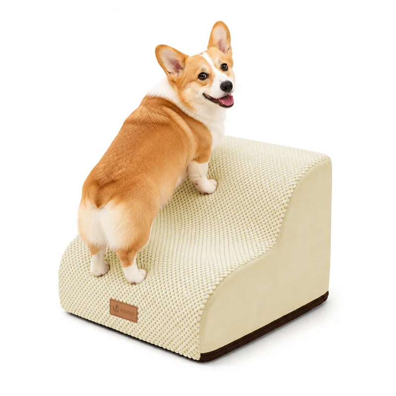 Escalier pour chien et chat en mousse haute densite et housse lavable 40x40x30cm beige