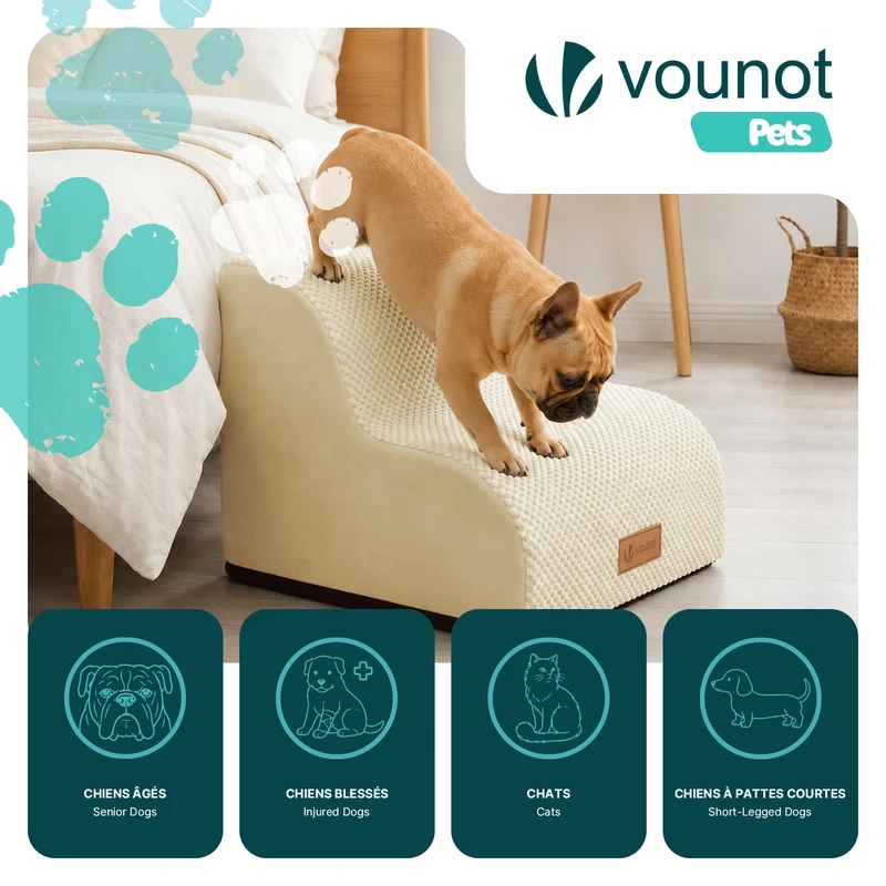 Escalier pour chien et chat en mousse haute densite et housse lavable 40x40x30cm beige