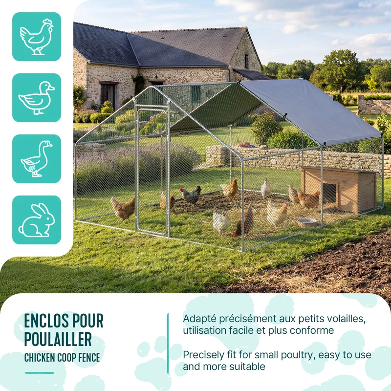 Enclos poulailler en metal galvanise et grillage avec bache PE 300x300x200cm
