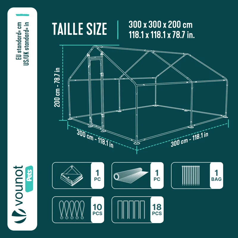 Enclos poulailler en metal galvanise et grillage avec bache PE 300x300x200cm
