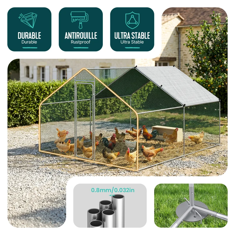 Enclos poulailler en metal galvanise et grillage avec bache PE 300x300x200cm