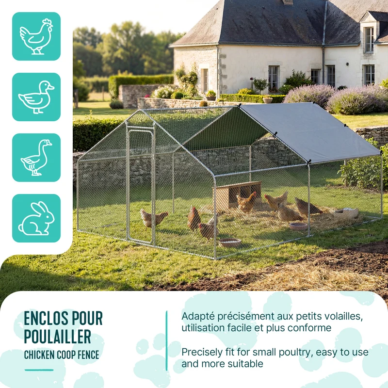 Enclos poulailler en metal galvanise et grillage avec bache PE 400x300x200cm