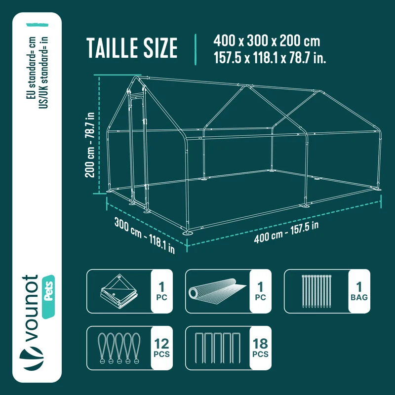 Enclos poulailler en metal galvanise et grillage avec bache PE 400x300x200cm
