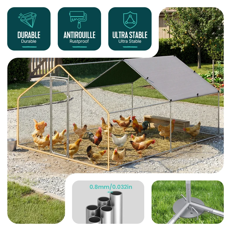 Enclos poulailler en metal galvanise et grillage avec bache PE 400x300x200cm