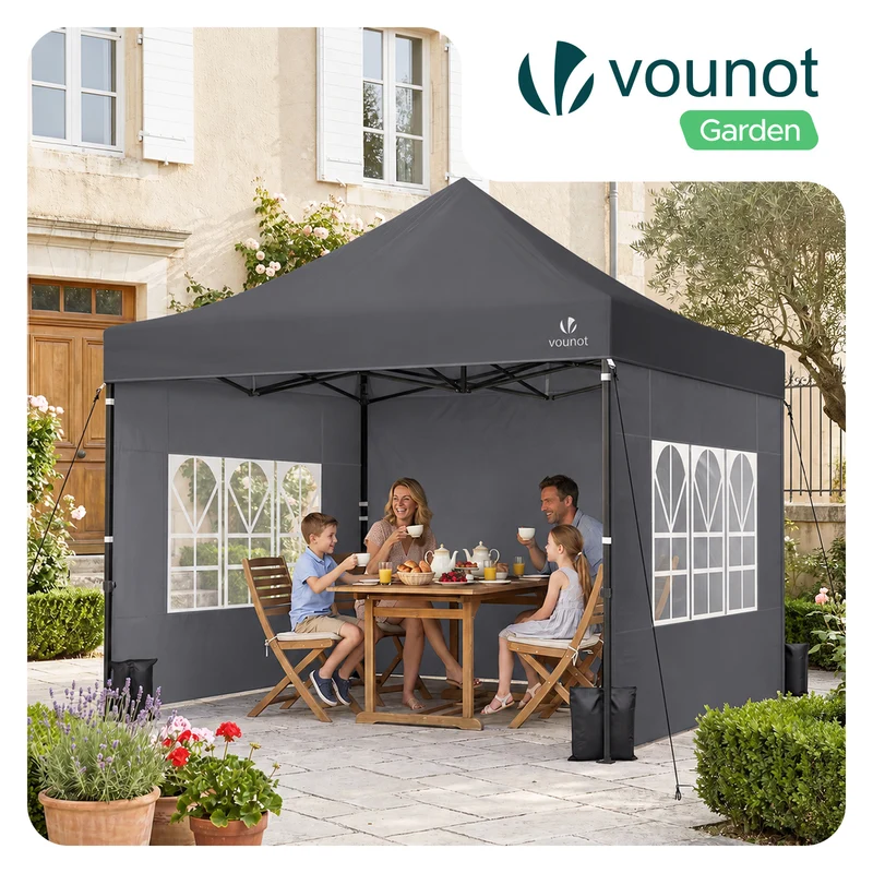 Tonnelle de jardin renforcée 3x3m pliable Barnum avec 4 parois latérales et fenêtres gris