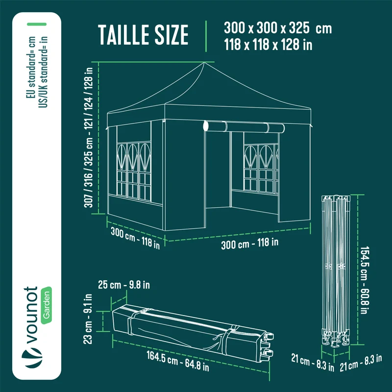 Tonnelle de jardin renforcée 3x3m pliable Barnum avec 4 parois latérales et fenêtres gris