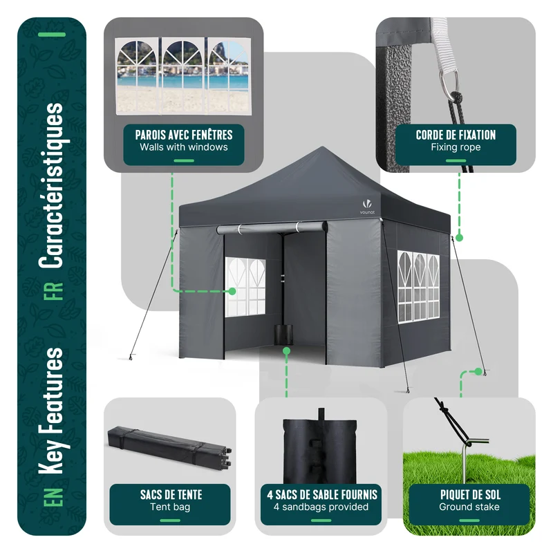 Tonnelle de jardin renforcée 3x3m pliable Barnum avec 4 parois latérales et fenêtres gris