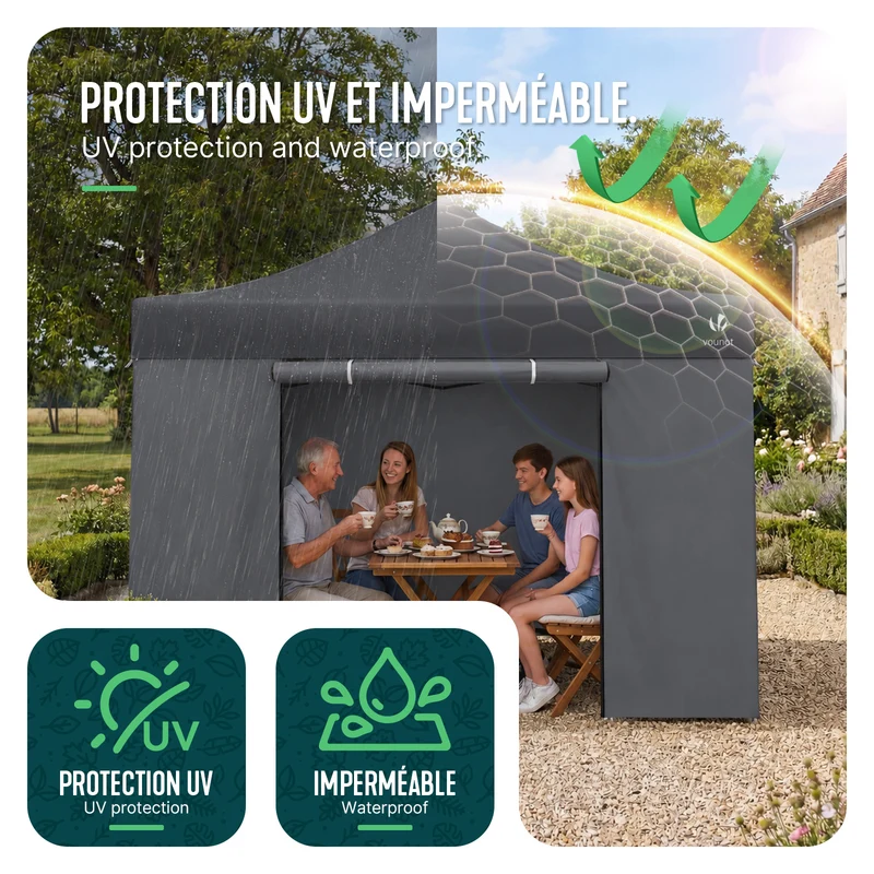 Tonnelle de jardin renforcée 3x3m pliable Barnum avec 4 parois latérales et fenêtres gris