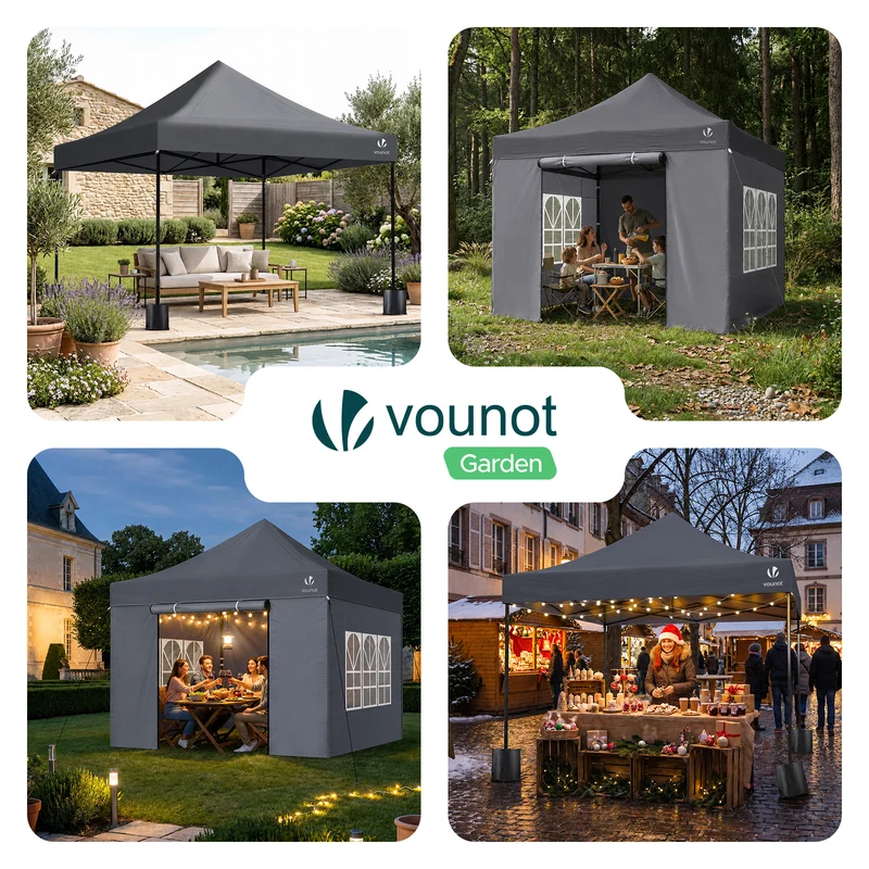 Tonnelle de jardin renforcée 3x3m pliable Barnum avec 4 parois latérales et fenêtres gris