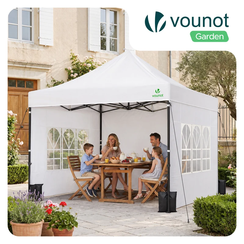 Tonnelle de jardin renforcée 3x3m pliable Barnum avec 4 parois latérales et fenêtres blanc