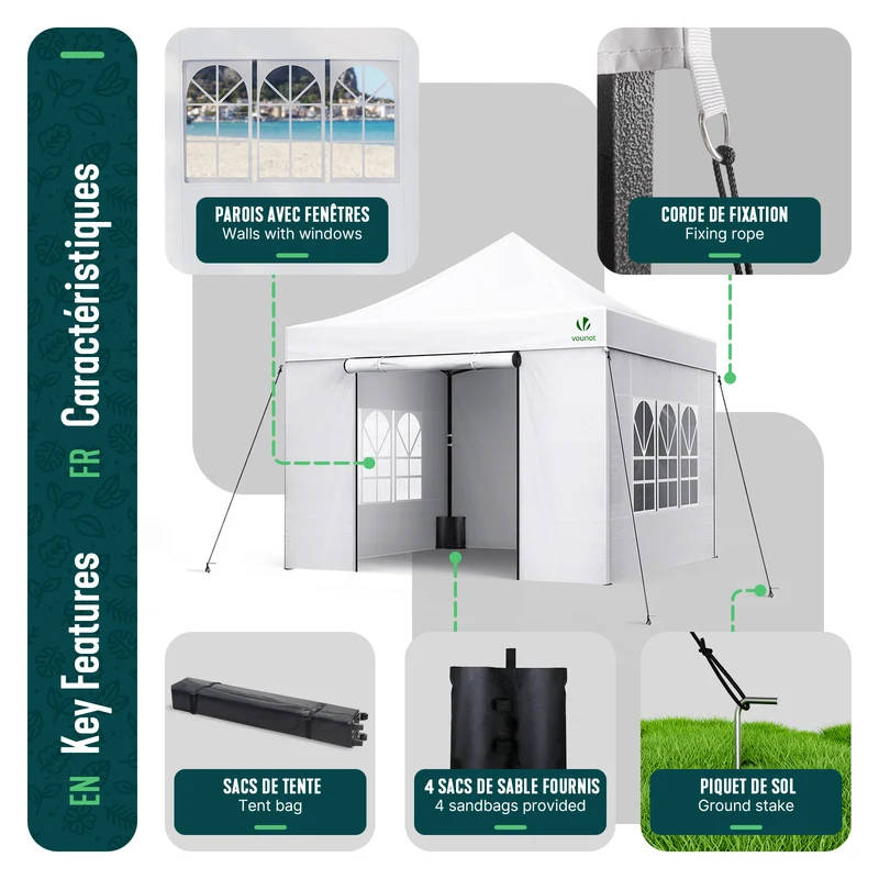 Tonnelle de jardin renforcée 3x3m pliable Barnum avec 4 parois latérales et fenêtres blanc