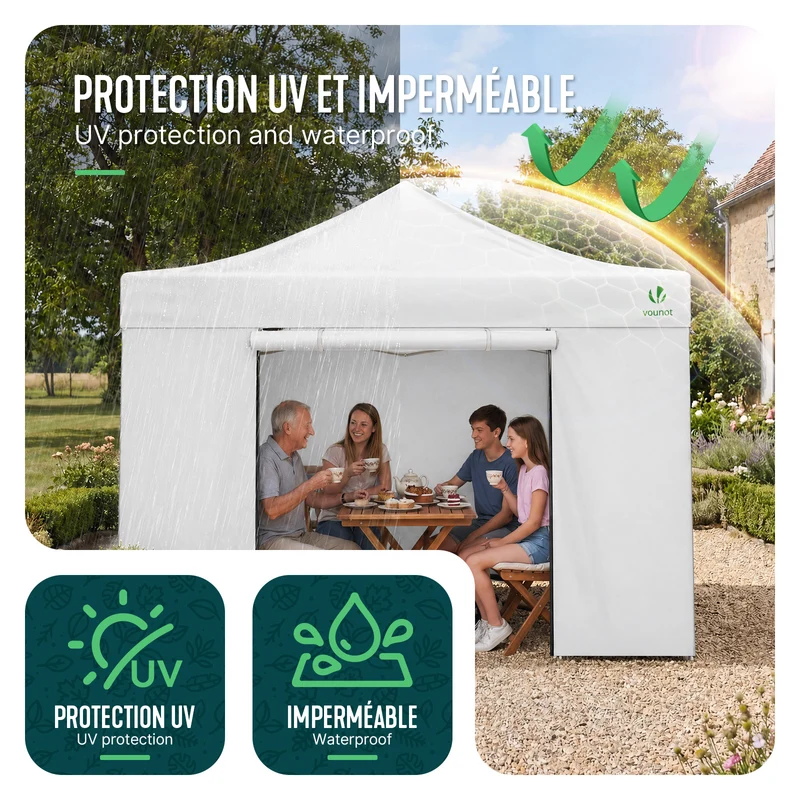 Tonnelle de jardin renforcée 3x3m pliable Barnum avec 4 parois latérales et fenêtres blanc