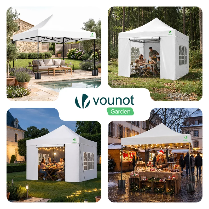 Tonnelle de jardin renforcée 3x3m pliable Barnum avec 4 parois latérales et fenêtres blanc