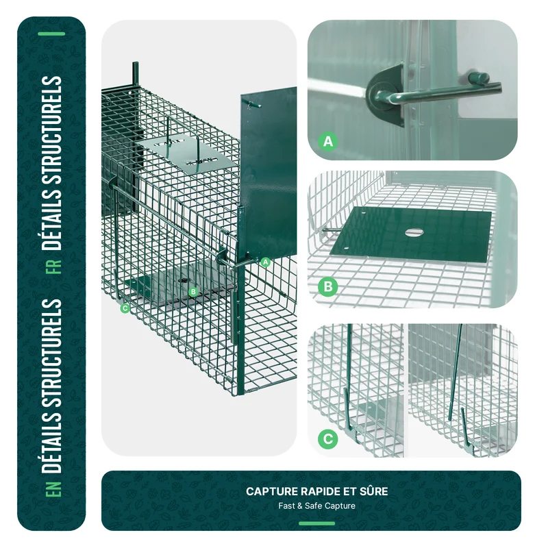 Piege pour animaux vivants cage trappe en metal 80x26x34cm vert