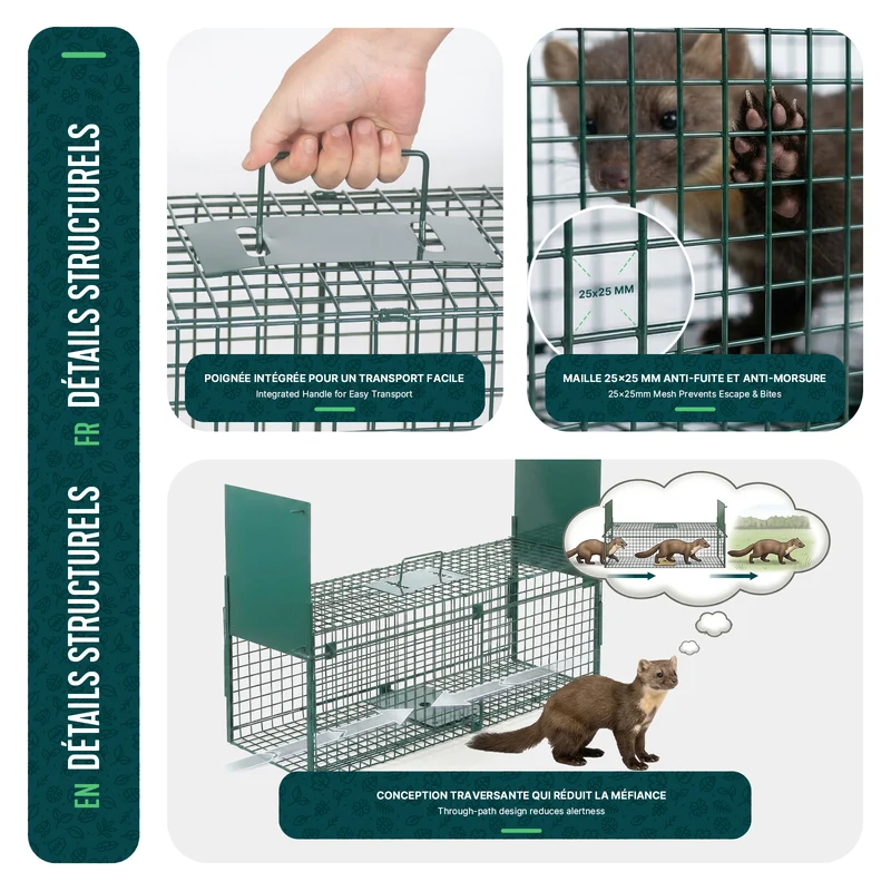 Piege pour animaux vivants cage trappe en metal 80x26x34cm vert