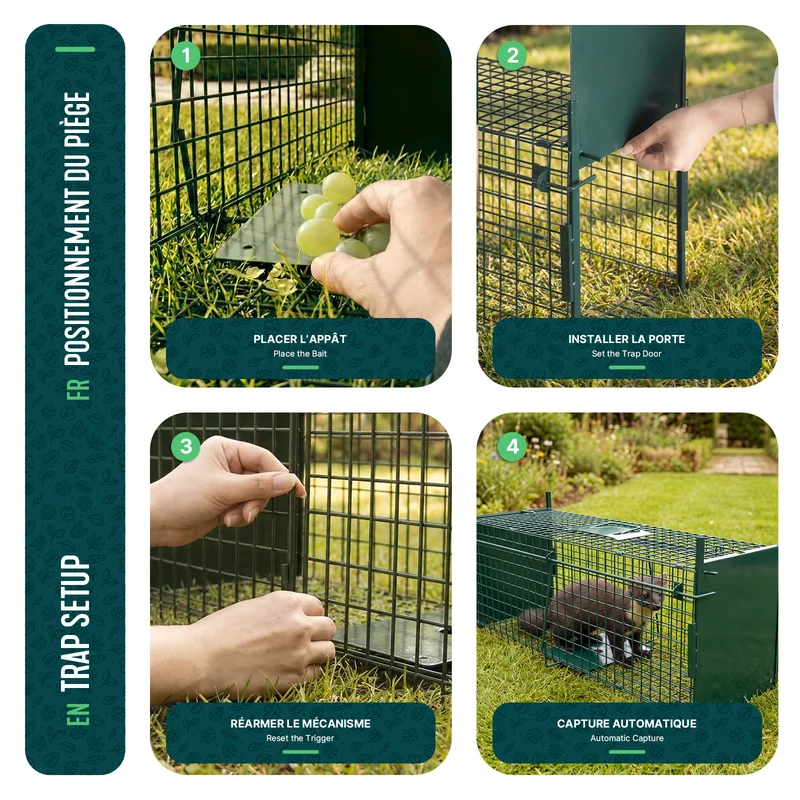 Piege pour animaux vivants cage trappe en metal 80x26x34cm vert