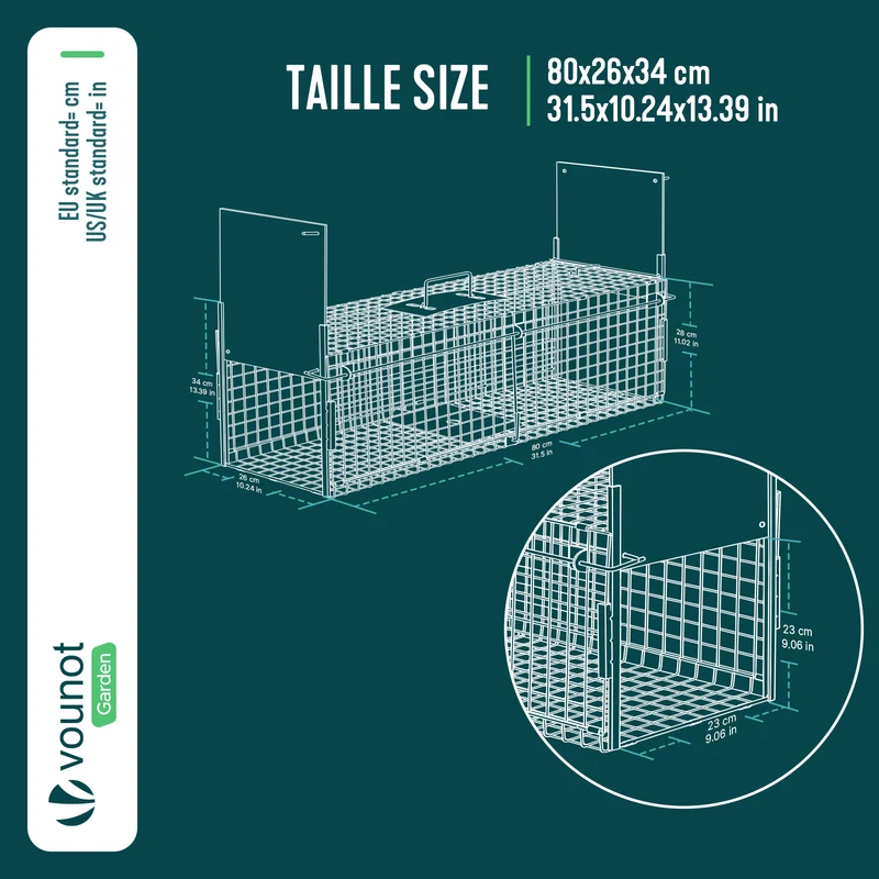 Piege pour animaux vivants cage trappe en metal 80x26x34cm vert