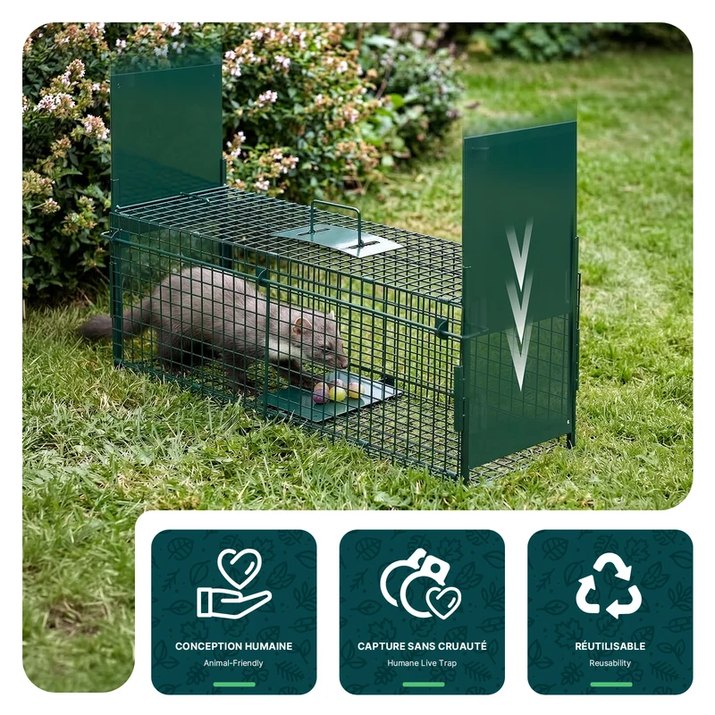 Piege pour animaux vivants cage trappe en metal 80x26x34cm vert