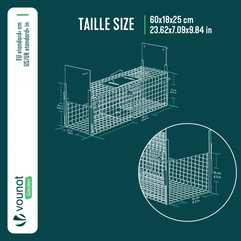 Piege pour animaux vivants cage trappe en metal 60x18x25cm vert