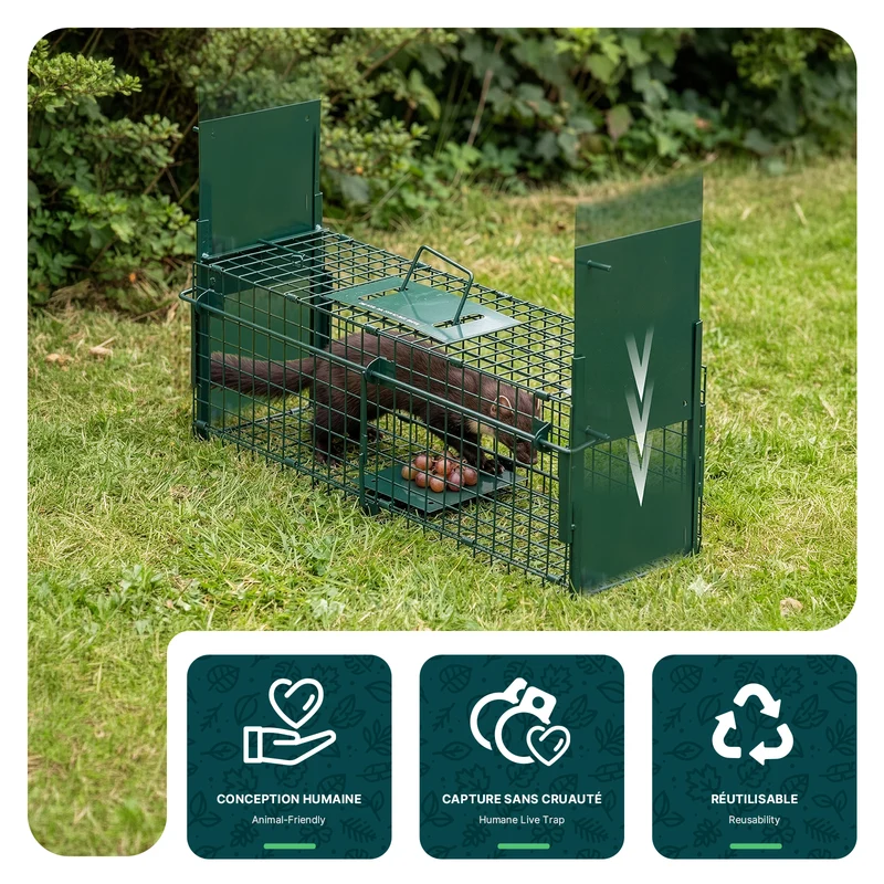 Piege pour animaux vivants cage trappe en metal 60x18x25cm vert