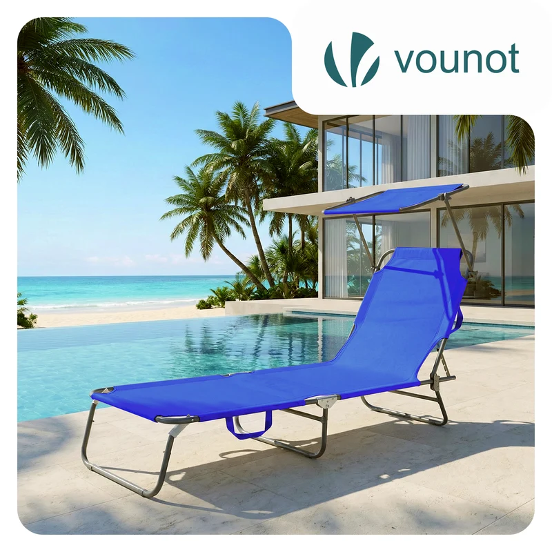Chaise longue pliante avec pare soleil bleu