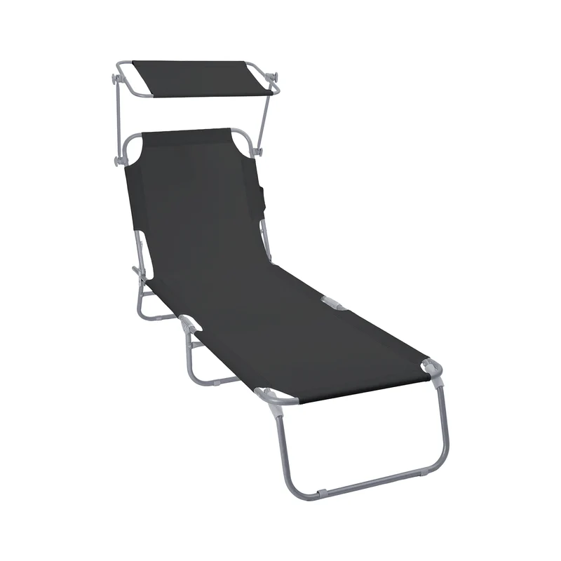 Chaise longue pliante avec pare soleil noir