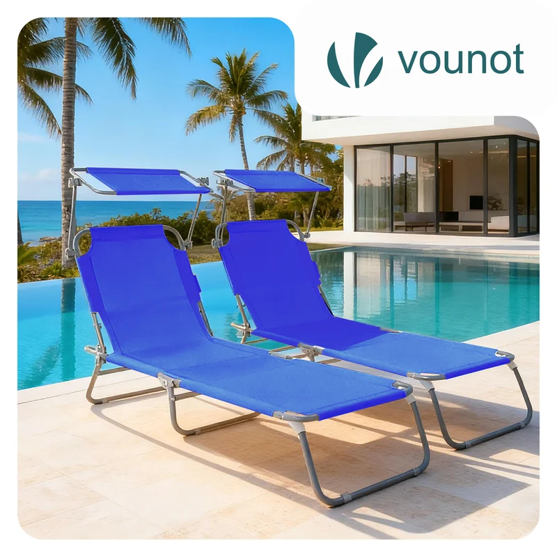 Lot de 2 chaise longue pliante avec pare soleil bleu