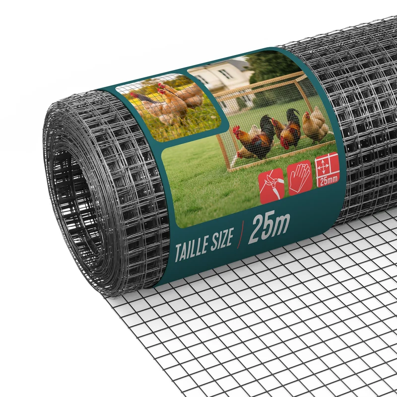 Grillage a maille soude en acier gaine PVC 25mm fil 1mm 1x25m gris