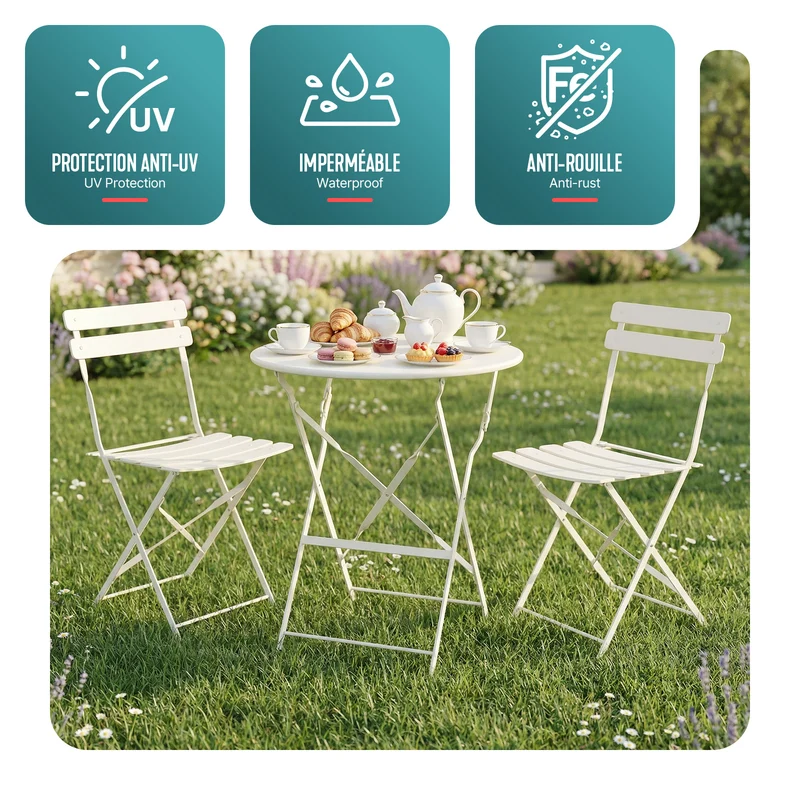 Set de Bistro en metal 1 table 2 chaises Crème