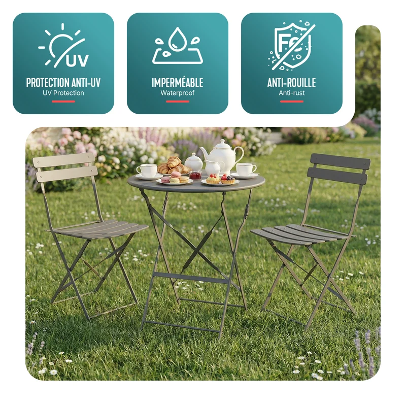 Set de Bistro en metal 1 table 2 chaises Gris