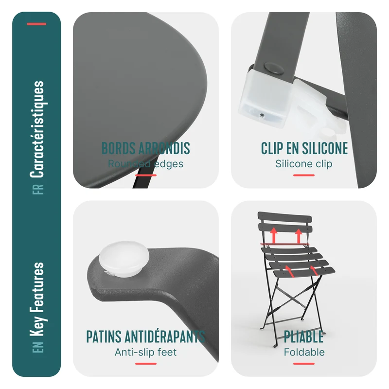 Set de Bistro en metal 1 table 2 chaises Gris