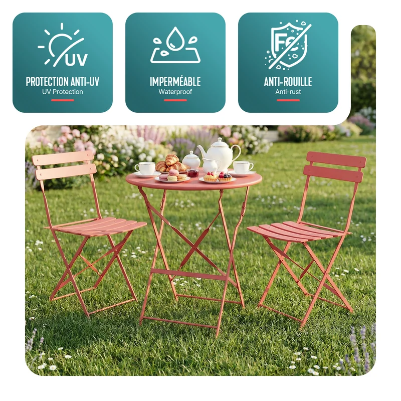 Set de Bistro en metal 1 table 2 chaises Rouge brique